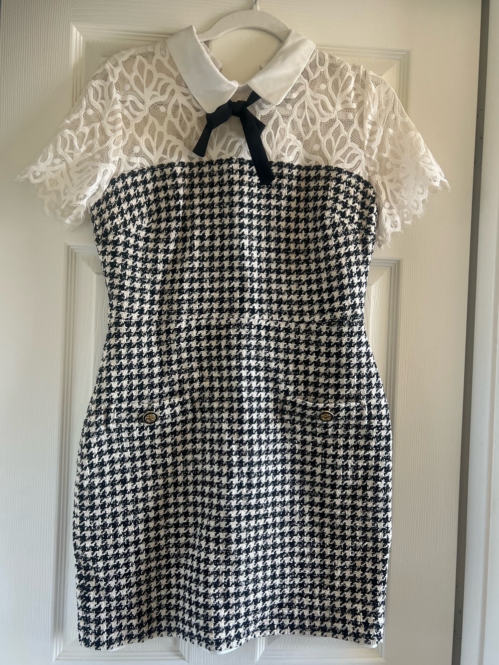 Sandro Black & White Houndstooth Lace-Yoke Midi Dress